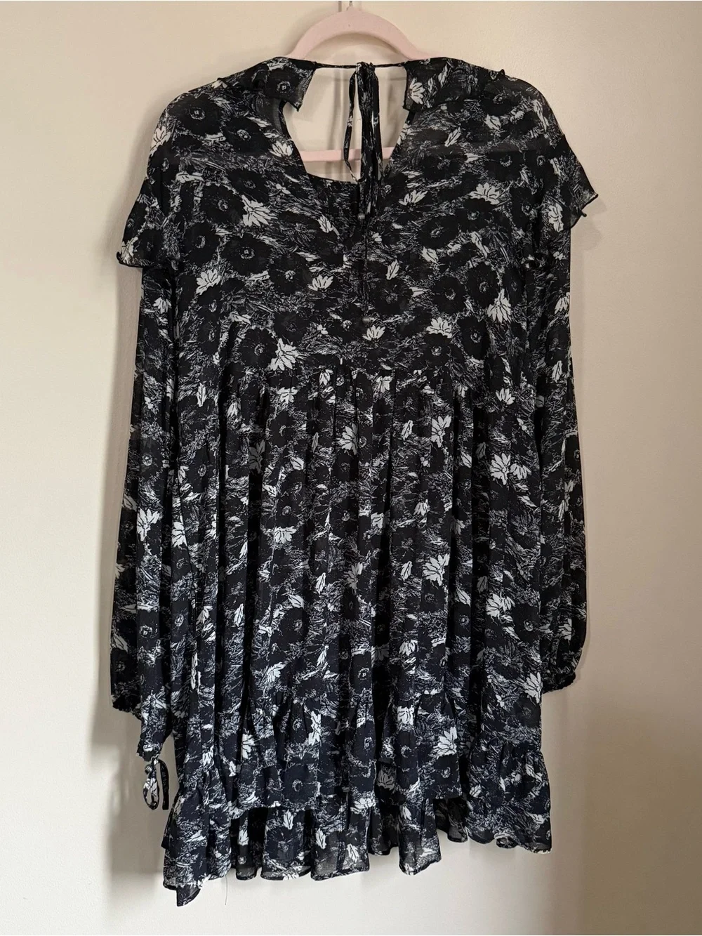 Free People These Dreams Sheer Floral Print Ruffle Trim Mini Dress Size Medium